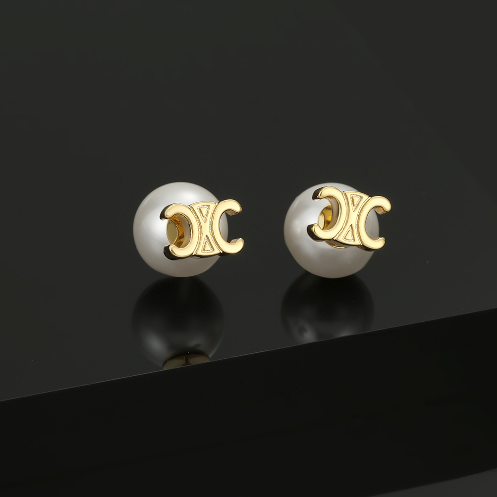 Celine Triomphe Pearl Stud Earrings earrings Gold-tone metal with white pearl One Size 10mm pearl diameter