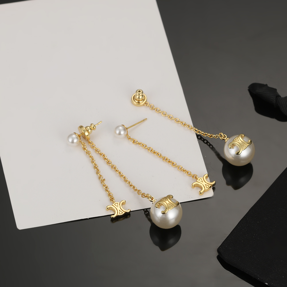Celine Triomphe Pearl Chain Drop Earrings earrings gold-tone metal with white pearls 5cm drop length