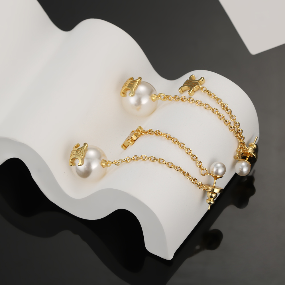 Celine Triomphe Pearl Chain Drop Earrings earrings gold-tone metal with white pearls 5cm drop length