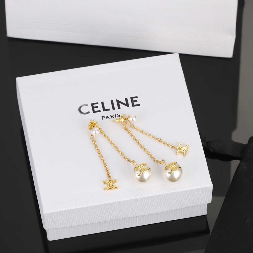 Celine Triomphe Pearl Chain Drop Earrings earrings gold-tone metal with white pearls 5cm drop length