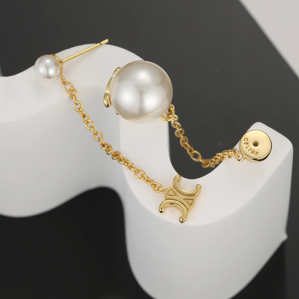 Celine Triomphe Pearl Chain Drop Earrings earrings gold-tone metal with white pearls 5cm drop length