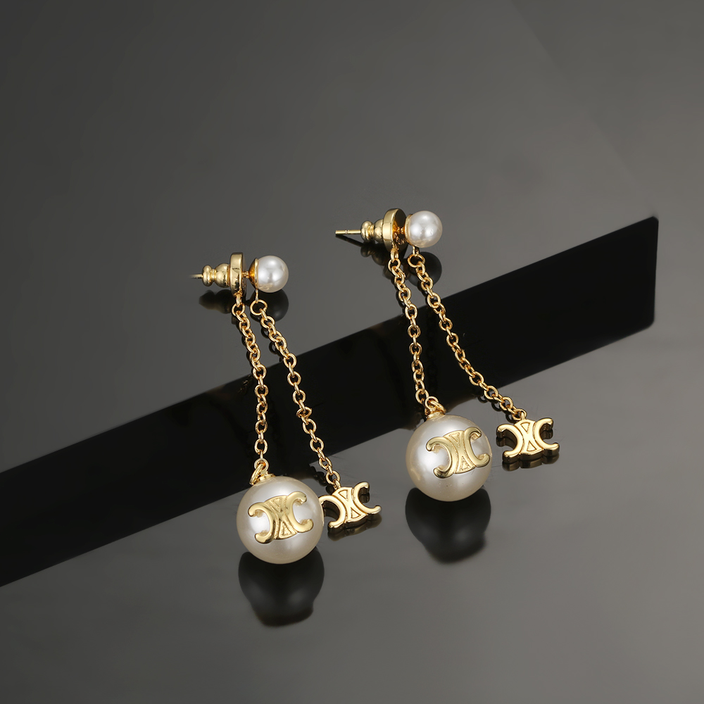 Celine Triomphe Pearl Chain Drop Earrings earrings gold-tone metal with white pearls 5cm drop length