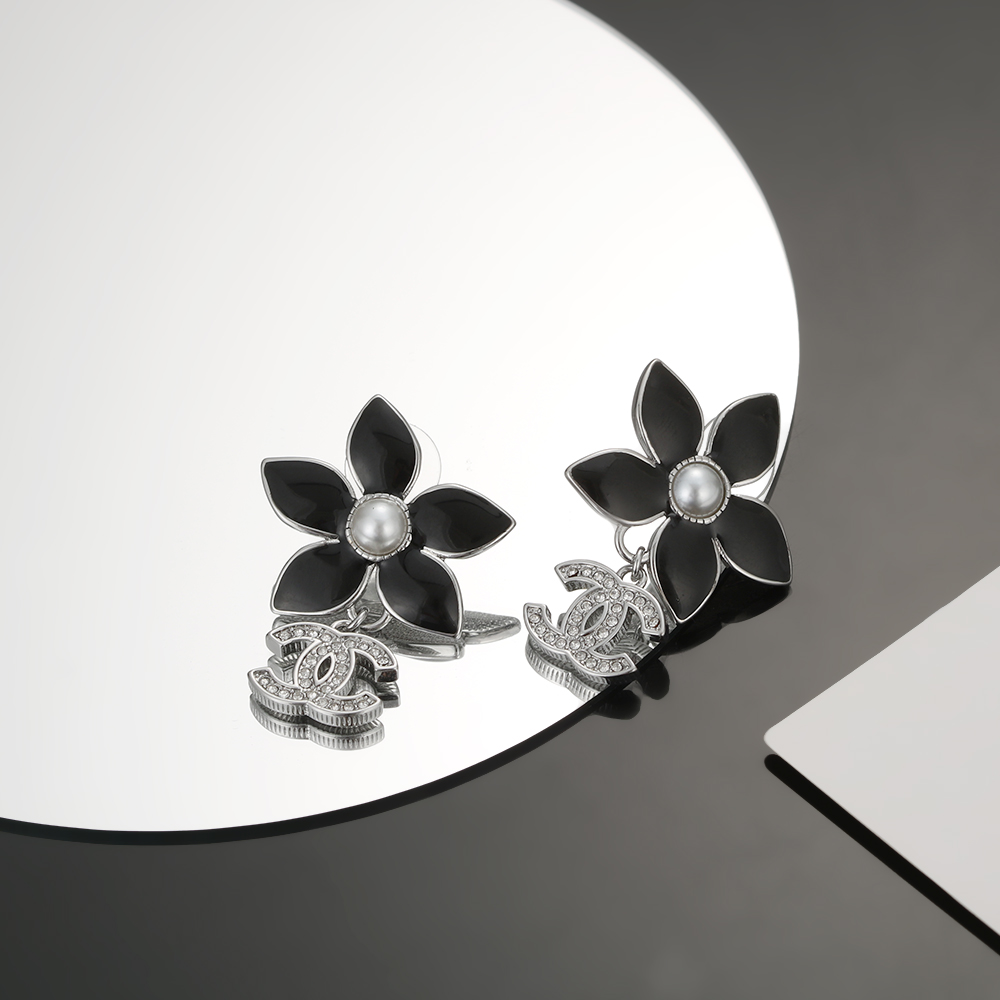 Chanel CC Logo Black Flower Pearl Drop Earrings earrings Silver-tone metal black enamel white faux pearl clear crystal One size drop length approx 2 5cm