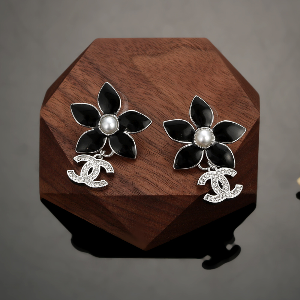 Chanel CC Logo Black Flower Pearl Drop Earrings earrings Silver-tone metal black enamel white faux pearl clear crystal One size drop length approx 2 5cm