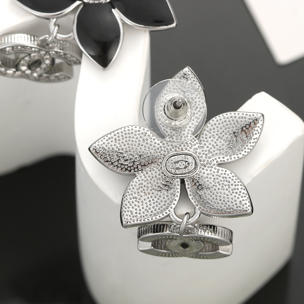 Chanel CC Logo Black Flower Pearl Drop Earrings earrings Silver-tone metal black enamel white faux pearl clear crystal One size drop length approx 2 5cm