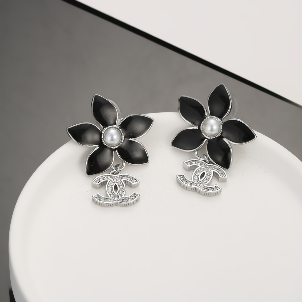 Chanel CC Logo Black Flower Pearl Drop Earrings earrings Silver-tone metal black enamel white faux pearl clear crystal One size drop length approx 2 5cm