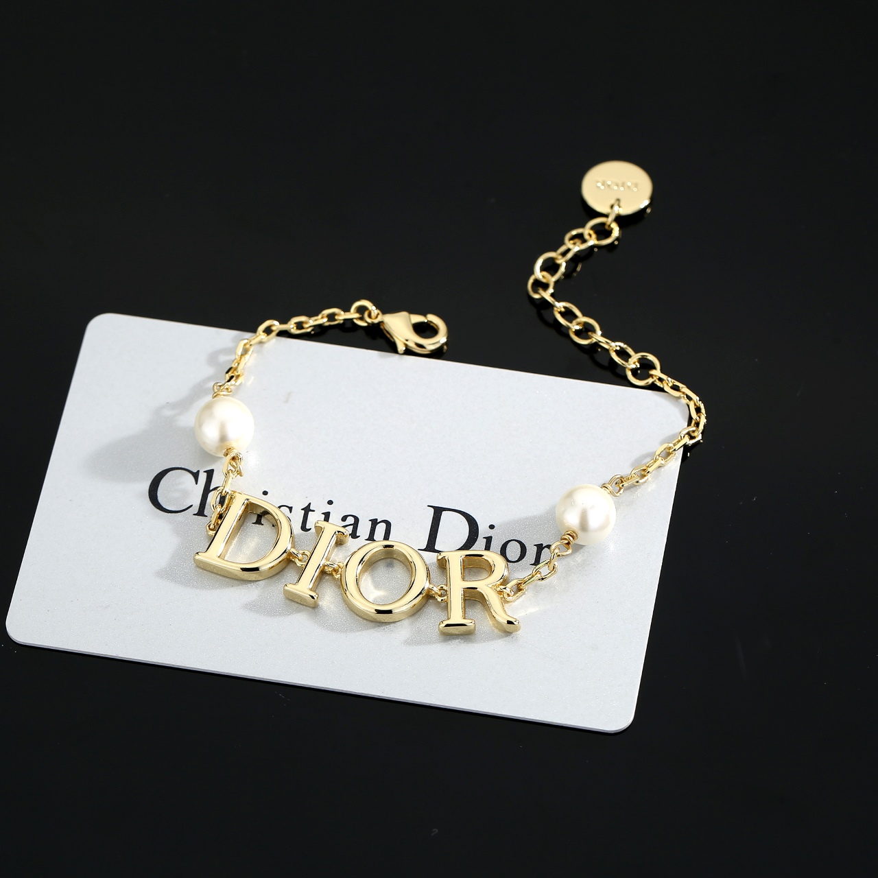 Dior D I O R Logo Pearl Bracelet bracelet gold-tone metal with white resin pearls 18cm with 3cm extender chain