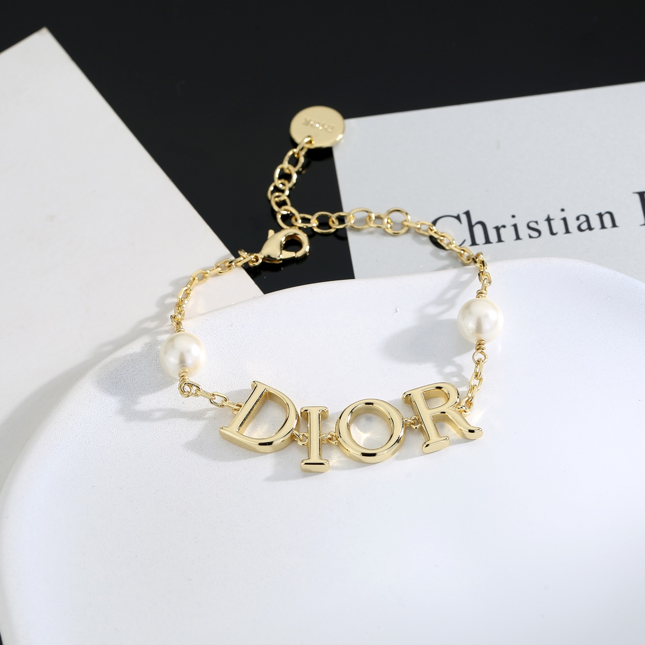 Dior D I O R Logo Pearl Bracelet bracelet gold-tone metal with white resin pearls 18cm with 3cm extender chain