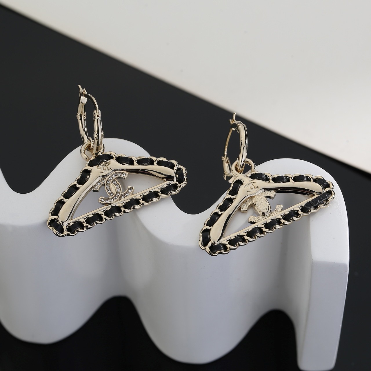 Chanel CC Hanger Charm Hoop Earrings earrings light gold-tone metal black leather chain inlay clear crystal pave CC logo 1 5cm hoop diameter 3 5cm total drop length