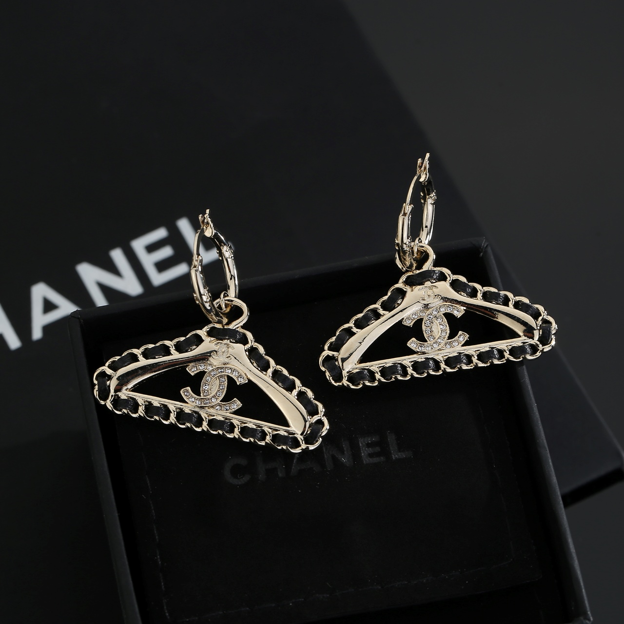 Chanel CC Hanger Charm Hoop Earrings earrings light gold-tone metal black leather chain inlay clear crystal pave CC logo 1 5cm hoop diameter 3 5cm total drop length
