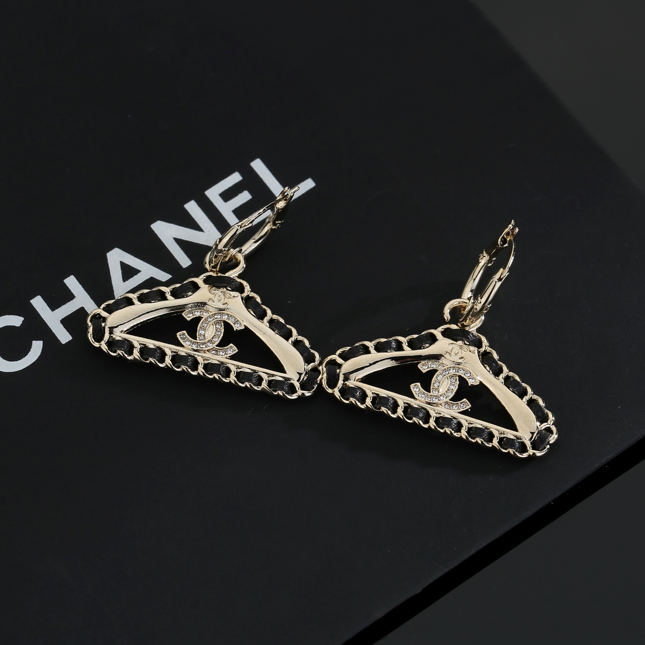 Chanel CC Hanger Charm Hoop Earrings earrings light gold-tone metal black leather chain inlay clear crystal pave CC logo 1 5cm hoop diameter 3 5cm total drop length
