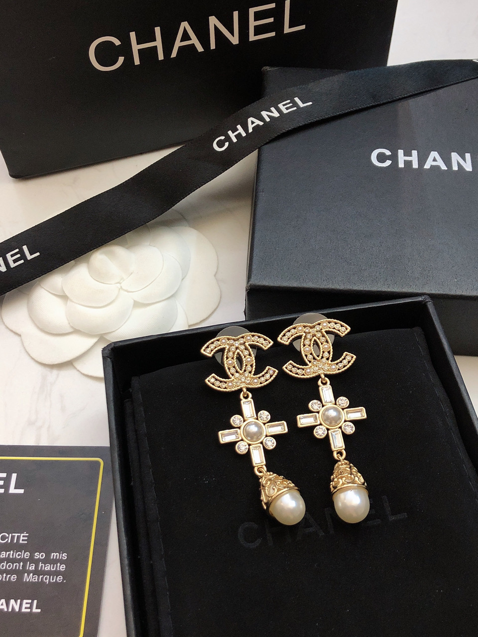 Chanel CC Cross Pearl Drop Earrings earrings Gold-tone metal clear crystals white faux pearls 5 5cm drop length