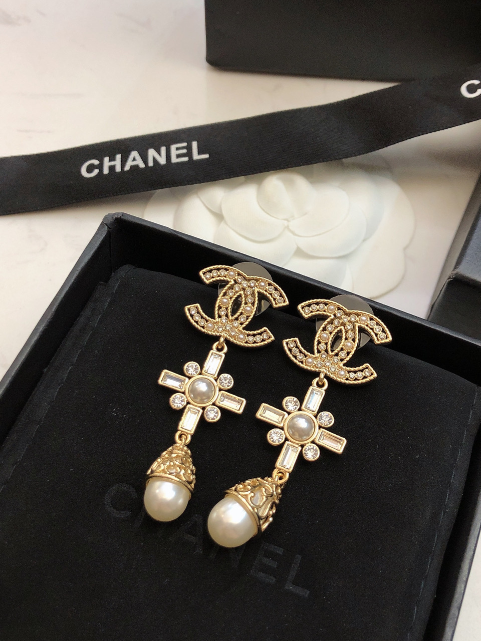 Chanel CC Cross Pearl Drop Earrings earrings Gold-tone metal clear crystals white faux pearls 5 5cm drop length