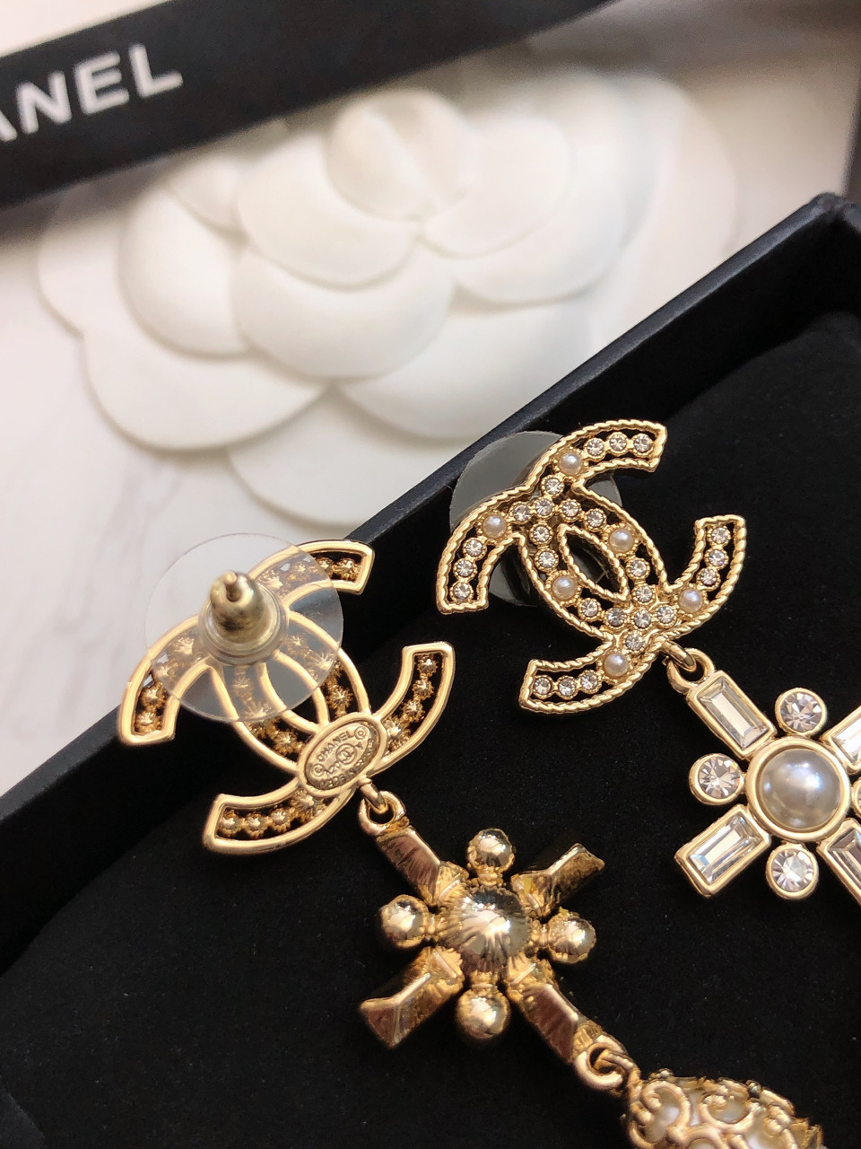 Chanel CC Cross Pearl Drop Earrings earrings Gold-tone metal clear crystals white faux pearls 5 5cm drop length