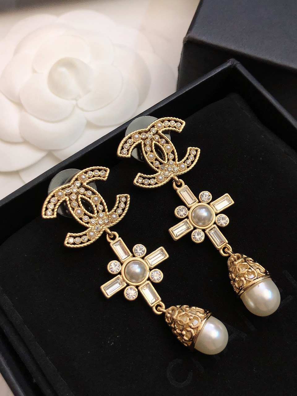 Chanel CC Cross Pearl Drop Earrings earrings Gold-tone metal clear crystals white faux pearls 5 5cm drop length