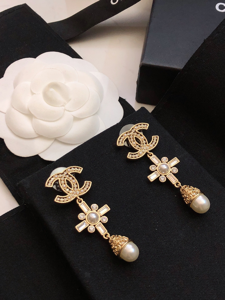 Chanel CC Cross Pearl Drop Earrings earrings Gold-tone metal clear crystals white faux pearls 5 5cm drop length