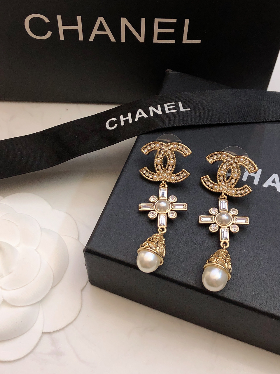 Chanel CC Cross Pearl Drop Earrings earrings Gold-tone metal clear crystals white faux pearls 5 5cm drop length