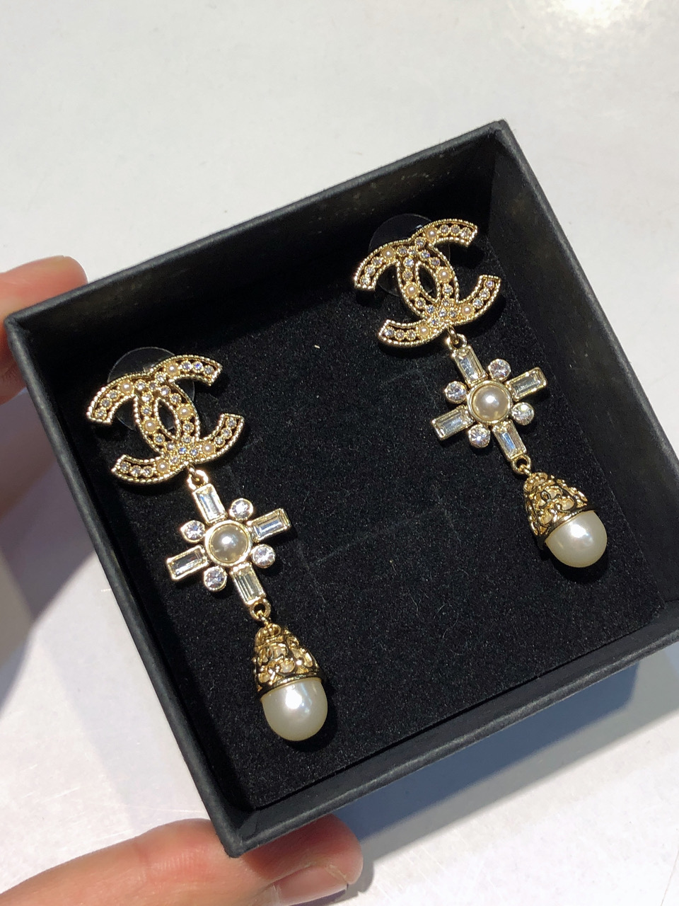 Chanel CC Cross Pearl Drop Earrings earrings Gold-tone metal clear crystals white faux pearls 5 5cm drop length